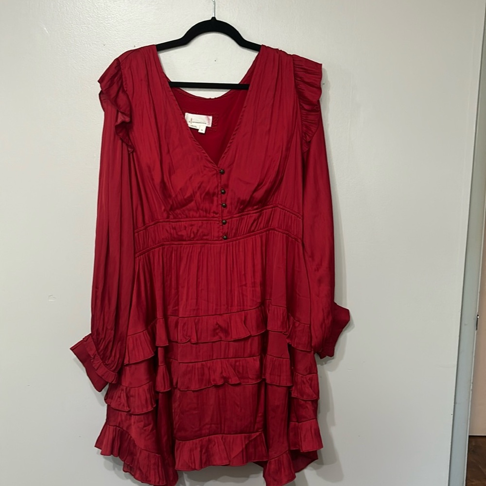 Plus size red Anthropologie ruffle dress with pockets and button detailing